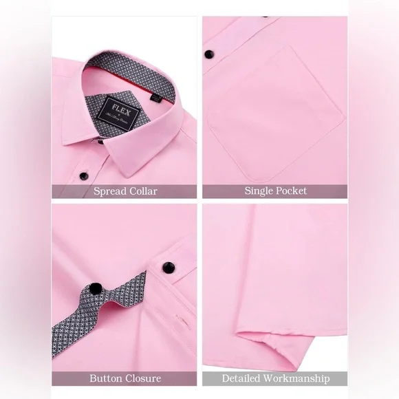 Men's Short Sleeve Dress Shirt Stretch Wrinkle Free Button Down Pink Medium - Picture 4 of 5